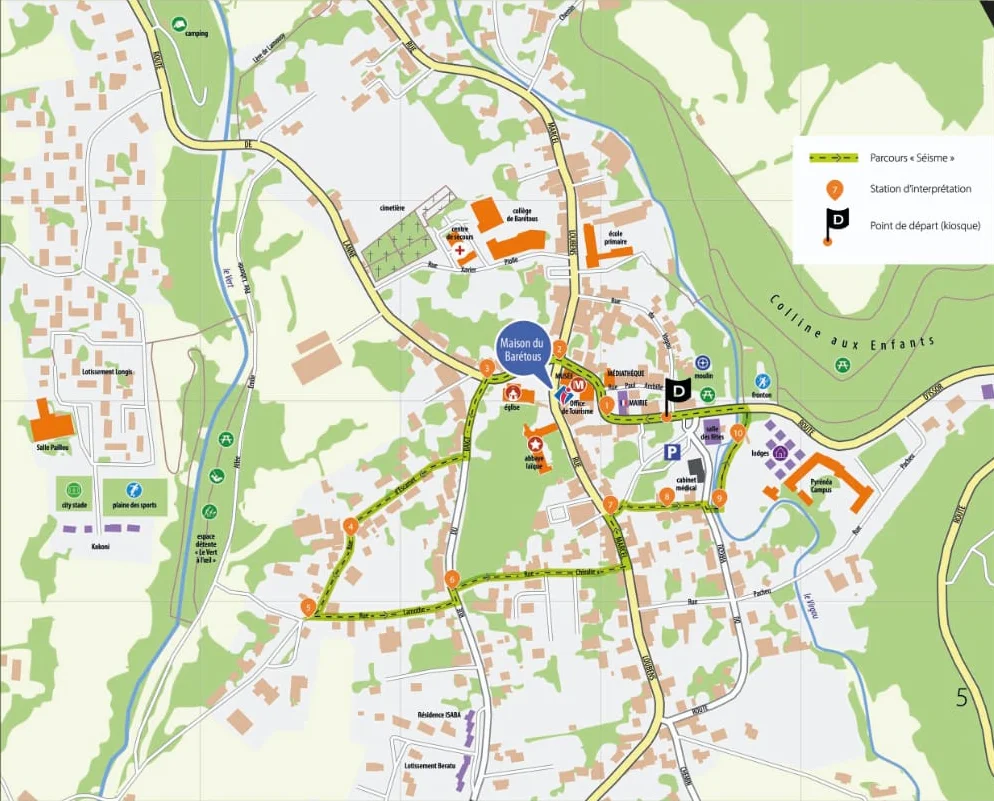 Plan du village d'Arette avec le Parcours Séisme et ses 10 stations