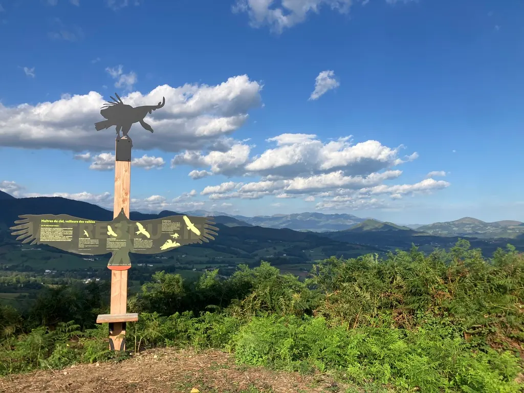 Sculpture de vautour en bois sur la crête, face aux montagnes